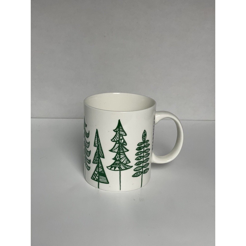 Starbucks Pine Trees Green White Coffee Mug Cup 2015 Christmas 12 FL oz